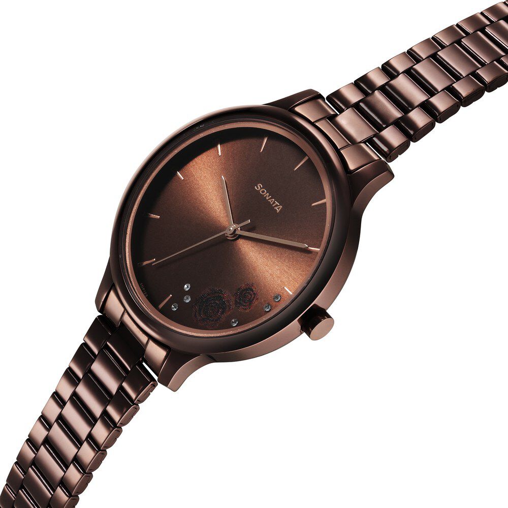 Buy Online Sonata Blush Quartz Analog Brown dial Stainless Steel Strap Watch for Women 87050qm01 Titan