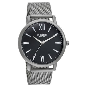 Sonata Poze Quartz Analog Black Round Dial Grey Mesh Strap Watch For Men