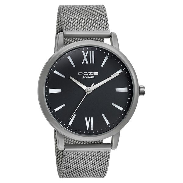 Sonata Poze Quartz Analog Black Round Dial Grey Mesh Strap Watch For Men - image number 2