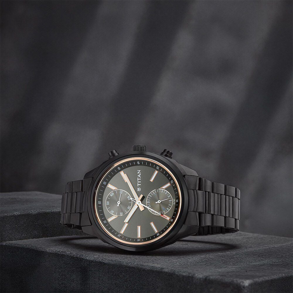 Titan Men's Metropolitan Luxe: Multifunction Mono black Dial with Two-Tone Stainless Steel Bracelet Watch-image-32