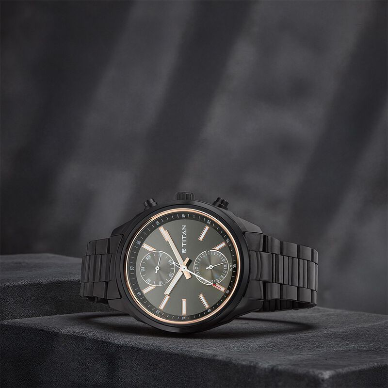 Titan Men's Metropolitan Luxe: Multifunction Mono black Dial with Two-Tone Stainless Steel Bracelet Watch