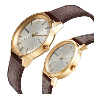 Sonata Quartz Analog with Date White Dial Leather Strap Watch for Couple