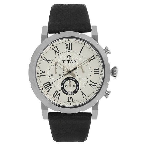 Buy Online Titan Quartz Analog with Date Silver Dial Leather Strap