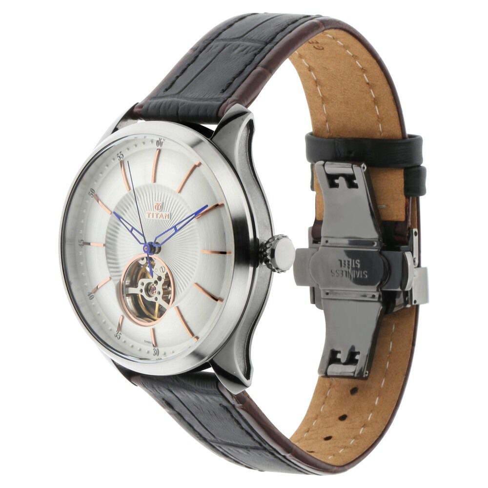 Buy Online Titan Magnate White Dial Automatic Leather Strap watch for Men ns1796kl01f Titan