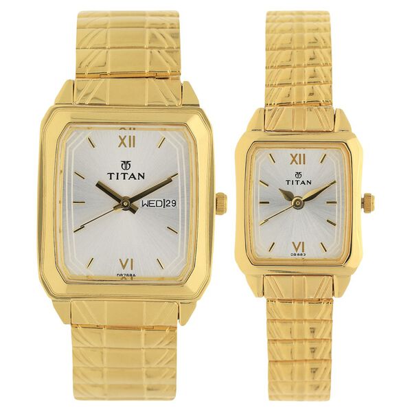Titan Quartz Analog with Day and Date Silver Dial Metal Strap Watch for Couple - image number 0