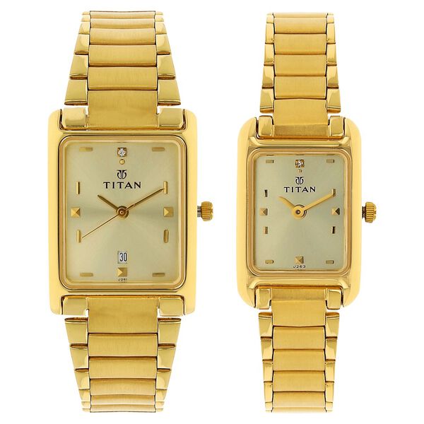 Titan Quartz Analog with Date Champagne Dial Stainless Steel Strap Watch for Couple - image number 0