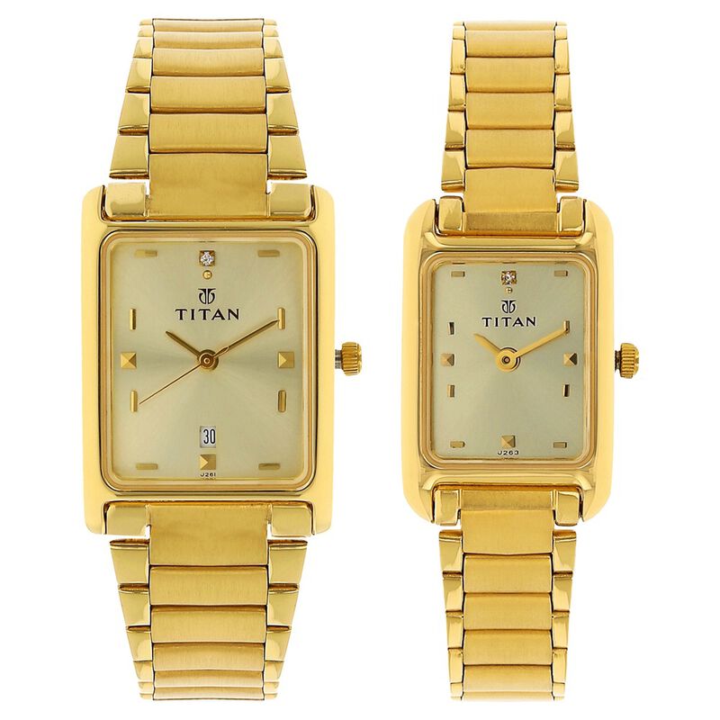 Titan Quartz Analog with Date Champagne Dial Stainless Steel Strap Watch for Couple