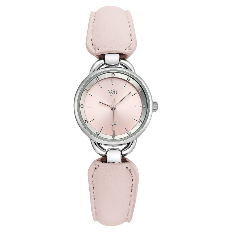 Vyb Muse By Fastrack Quartz Analog Pink Dial Silver PU Leather & Metal Strap Watch For Girls