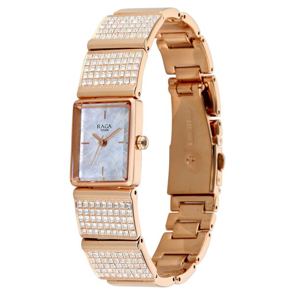 Titan Raga Unlocked Quartz Analog Mother Of Pearl Dial Rose Gold Metal Strap Watch For Women - image number 2