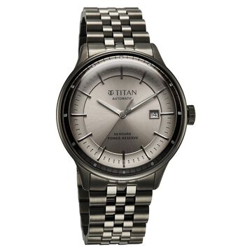 Titan Weekender 60 Hours Power Reserve Concealed Automatic Analog Gun Dial Dark Gun Stainless Steel Strap Watch for Men