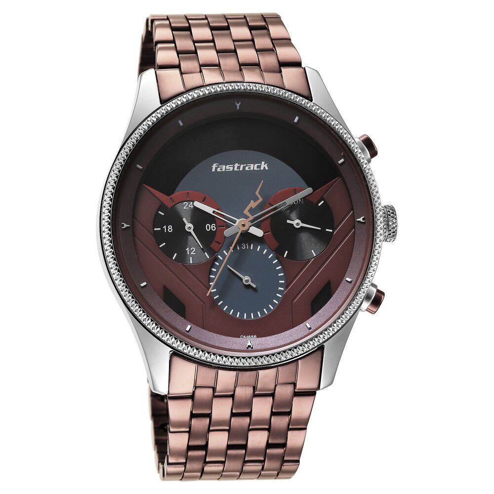 Buy Online Fastrack Thor Quartz Multifunction Red Dial Metal Strap Watch for Guys ns3286km01 Titan