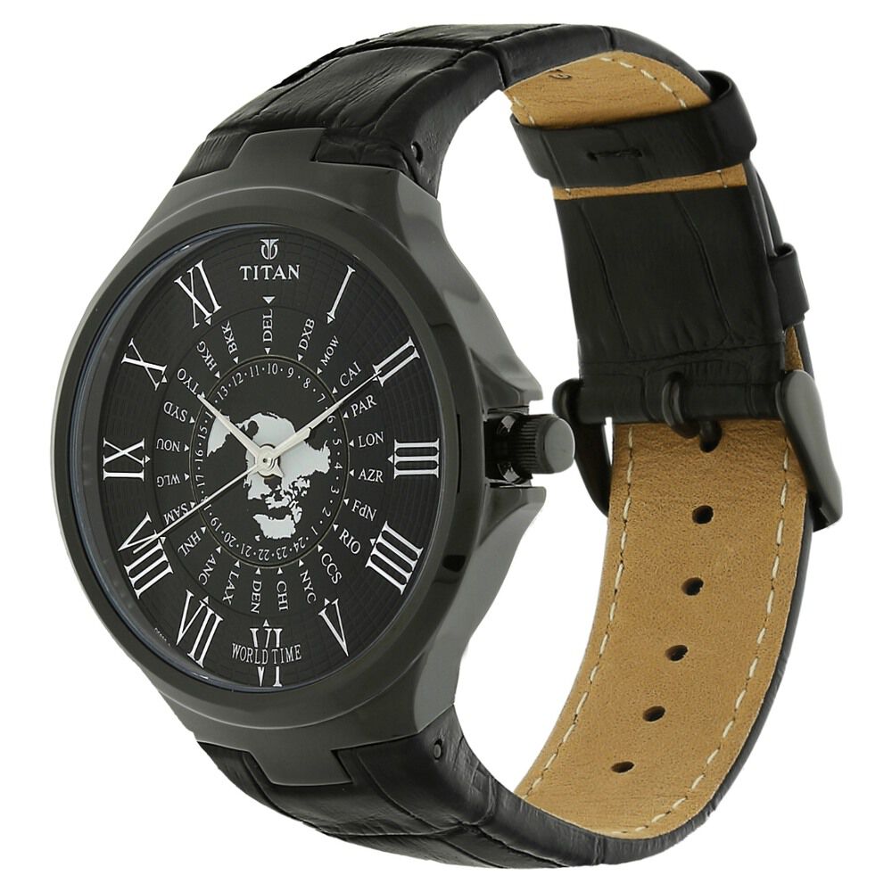 Buy Online Titan Globe Trotter Black Dial World Time Leather Strap watch for Men nk1706nl01 Titan