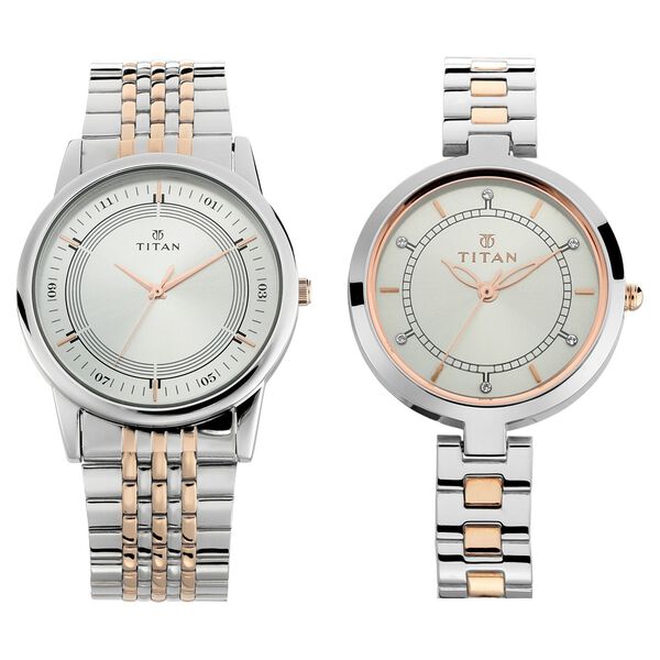 Titan Bandhan Quartz Analog Silver Dial Two Toned Stainless Steel Strap Watch For Couple - image number 0