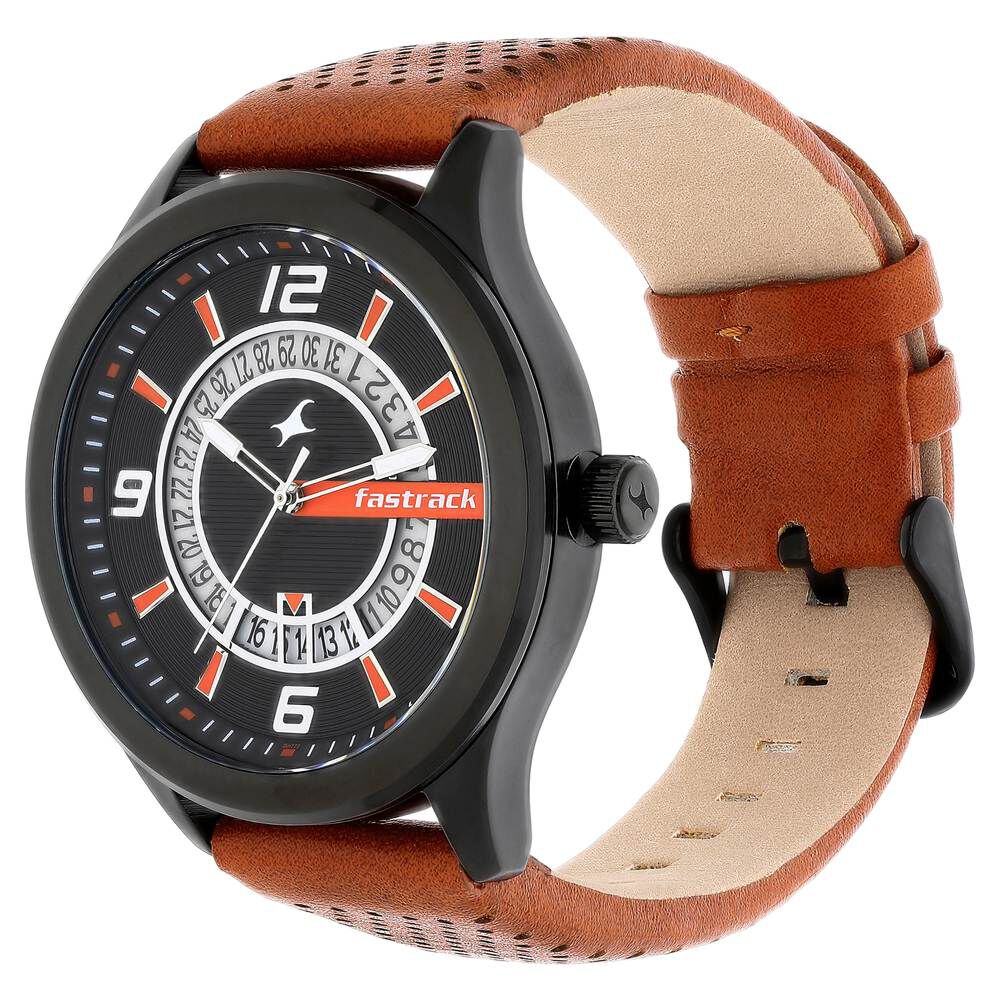 Buy Online Fastrack Loopholes Quartz Analog with Date Black Dial Leather Strap Watch for Guys 38050nl02 Titan