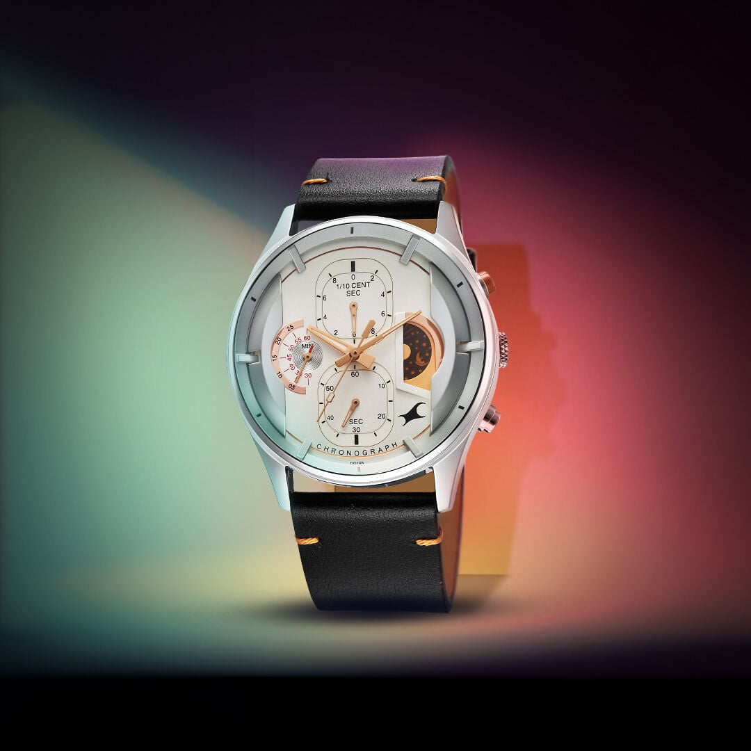Fastrack Opulence Sun Moon Chronograph Silver Dial Black Leather Strap Analog Quartz Watch For Guys-image-44