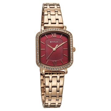 Titan Purple Metro Quartz Analog Red Dial Rose Gold Plated Stainless Steel Strap Watch For Women