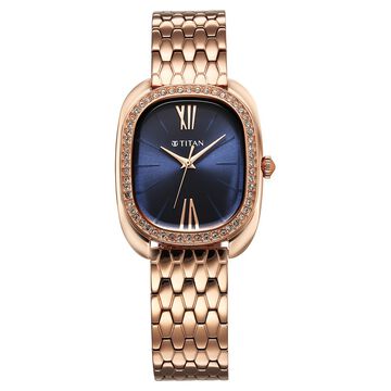 Titan Glamour Quartz Analog Blue Dial Rose Gold Stainless Steel Strap Watch For Women