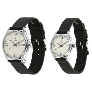 Titan Analog with Day and Date Silver Dial Leather Strap watch for Couple