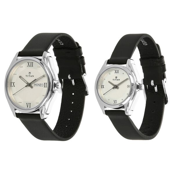 Titan Analog with Day and Date Silver Dial Leather Strap watch for Couple - image number 1