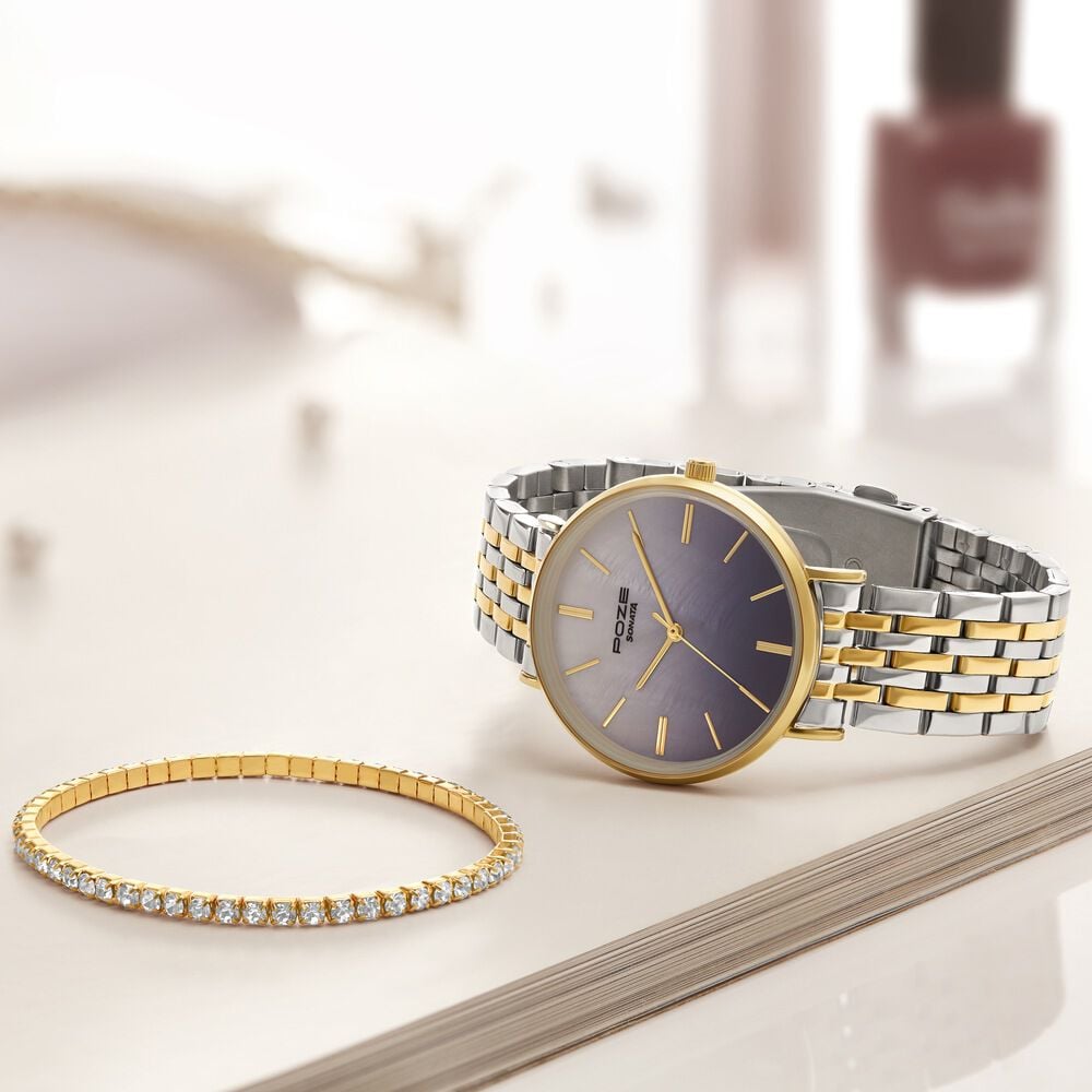 Sonata Poze Quartz Analog Blue Mother Of Pearl Dial Two Toned Color Stainless Steel Strap Watch For Women-image-46