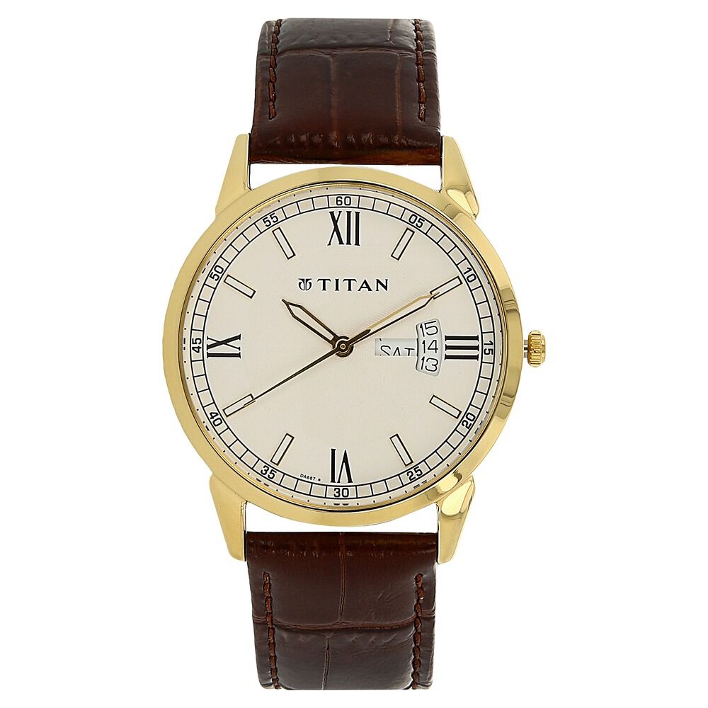 Buy Online Titan Analog Silver Dial Day Date Leather Strap Watch for Men 1521yl08 p Titan