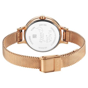 Titan Raga Power Pearls Quartz Analog Mother of Pearl Dial Rose Gold Metal Strap Watch For Women