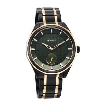 Titan Regalia Opulent Offset Second Hand Green Dial Rose Gold And Black Bimetal Strap Watch For Men