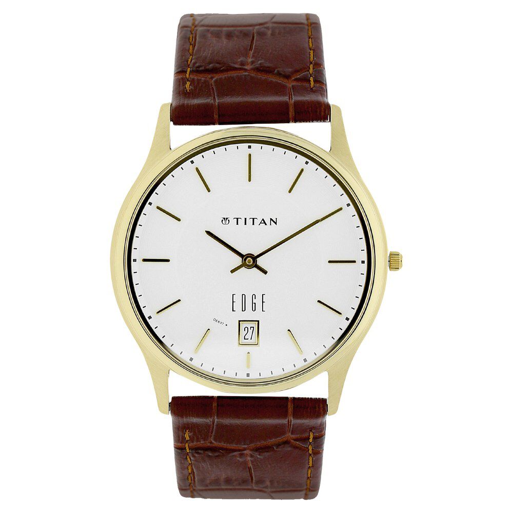Buy Online Titan Edge White Dial Analog with Date Leather Strap