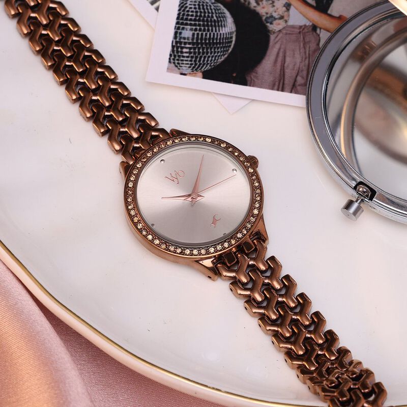 Vyb Spotlight By Fastrack Quartz Analog Rose Gold Dial Brown Metal Strap Watch For Girls