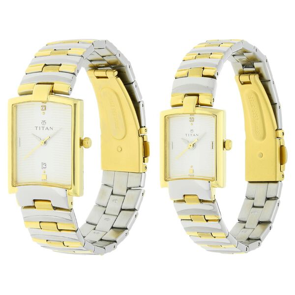 Titan Quartz Analog with Date White Dial Stainless Steel Strap Watch for Couple - image number 1