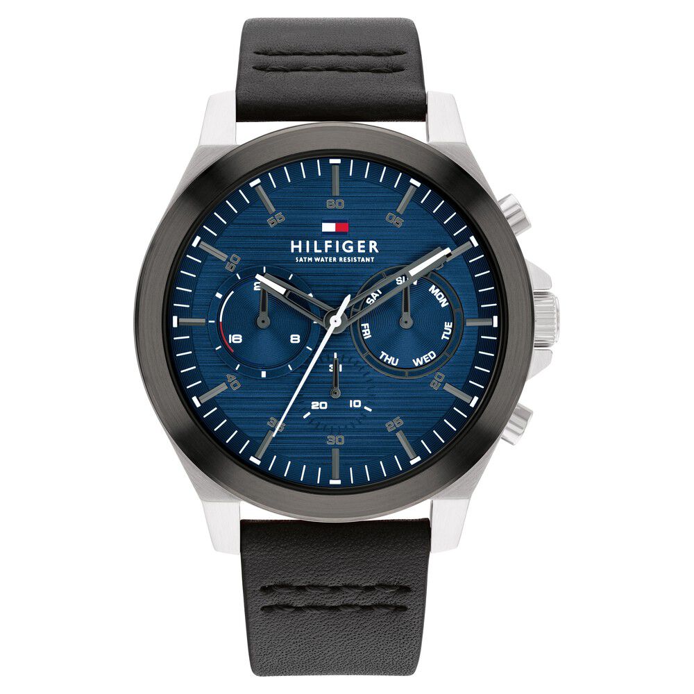 Buy Online Tommy Hilfiger Blue Dial Black Colour Leather Strap