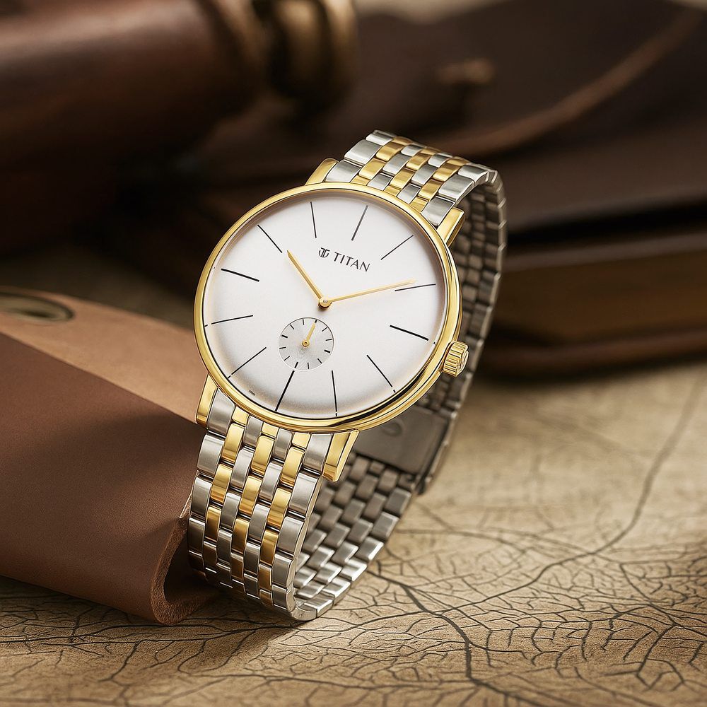 Titan Elegance Analog with Small Second and White Dial Stainless Steel Two Toned Strap Watch for Men-image-20