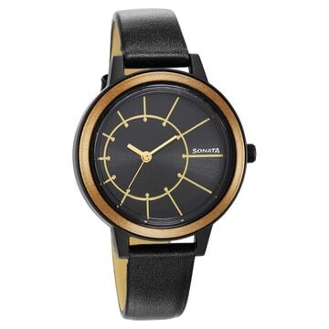 Sonata Pop Black Dial Women Watch With Leather Strap