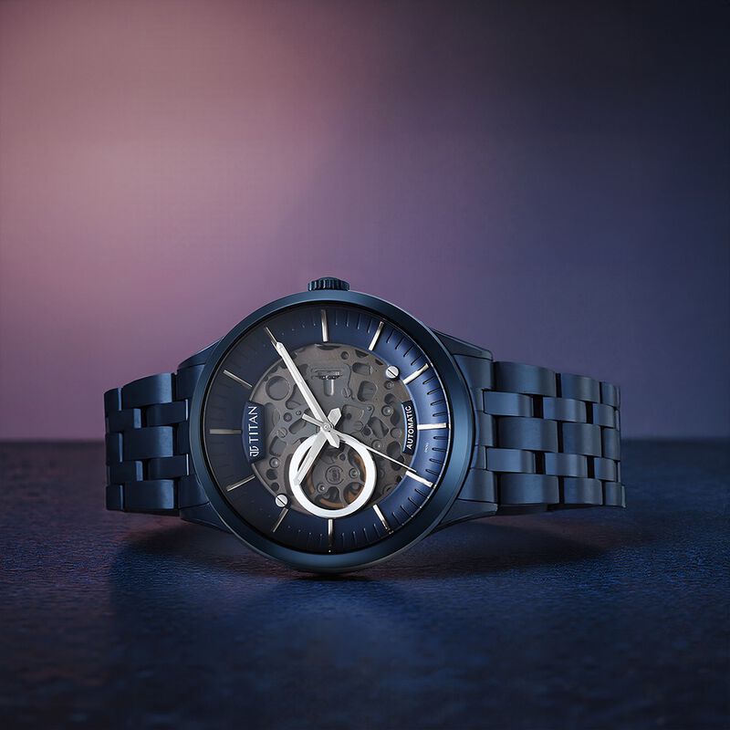 Titan Metal Mechanicals Blue Dial Blue Stainless Steel Strap Watch for Men