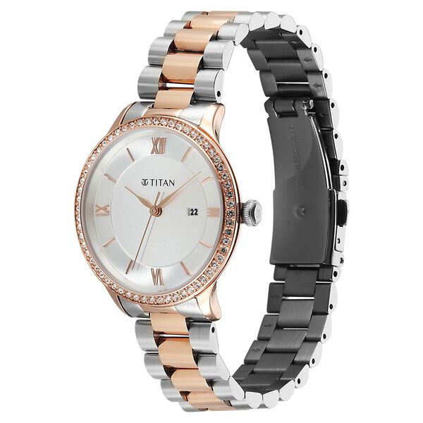 Titan Purple Prestige Quartz Analog with Date White Dial Brown Stainless Steel Strap Watch For Women - image number 2