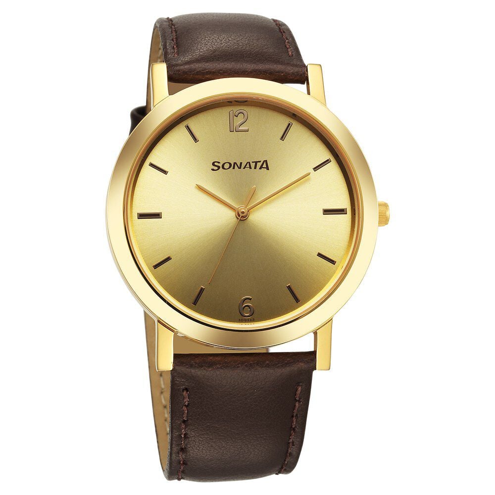Buy Online Sonata Utsav Quartz Analog Champagne Dial Leather Strap Watch for Men 77108yl03 Titan