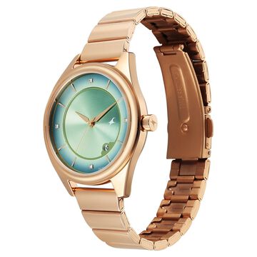 Fastrack Style Up Quartz Analog with Date Green Dial Rose Gold Colour Stainless Steel Strap Watch For Girls