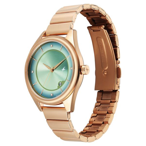 Fastrack Style Up Quartz Analog with Date Green Dial Rose Gold Colour Stainless Steel Strap Watch For Girls - image number 2