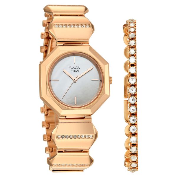 Titan Raga Unlocked Quartz Analog Mother Of Pearl Dial Rose Gold Metal Strap Watch For Women - image number 1