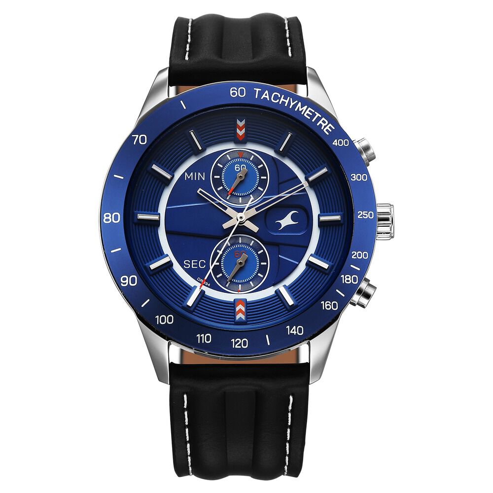 Fastrack Overdrive Quartz Chronograph Tachymeter Blue Dial Black Leather Strap Watch For Guys-image-6