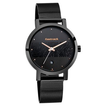 Fastrack Animal Print Quartz Analog with Date Black Dial Stainless Steel Strap Watch for Girls