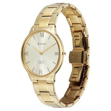 Titan Edge Gleam Quartz Analog Champagne Dial Golden Stainless Steel Strap Watch For Women
