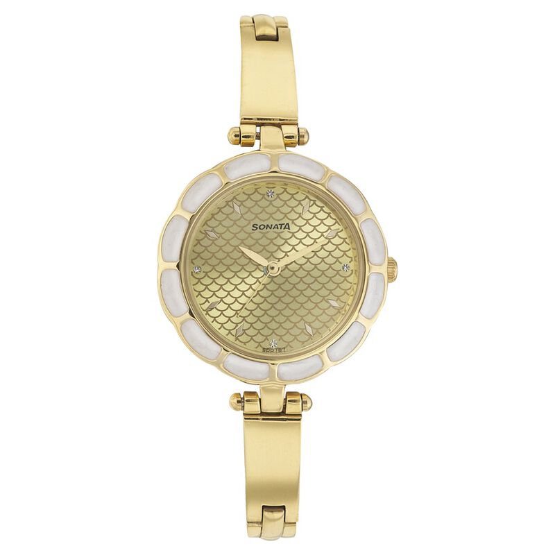 Sonata Quartz Analog Champagne Dial Stainless Steel Strap Watch for Women