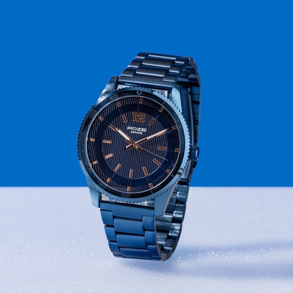 Sonata Poze Quartz Analog Blue Dial Metal Strap Watch For Men-image-9