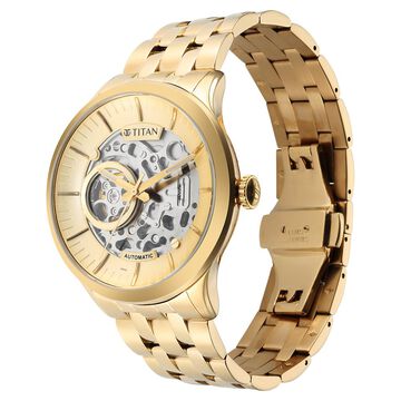 Titan Metal Mechanicals Golden Dial Golden Stainless Steel Strap Watch for Men