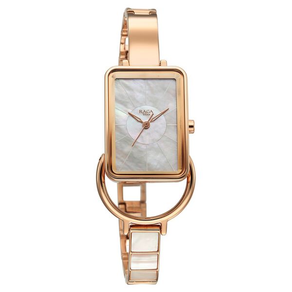 Titan Raga Power Pearls Quartz Analog Watch For Women With Mother of Pearl Dial Rose Gold Metal Strap - image number 3
