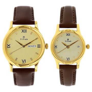 Titan Quartz Analog with Day and Date Champagne Dial Leather Strap Watch for Couple