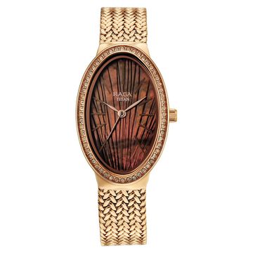 Titan Raga Glimmers Quartz Analog Brown Mother Of Pearl Dial Rose Gold Metal Strap Watch For Women