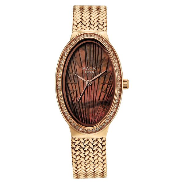Titan Raga Glimmers Quartz Analog Brown Mother Of Pearl Dial Rose Gold Metal Strap Watch For Women - image number 1