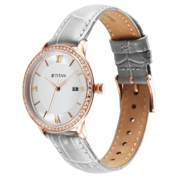 Titan Bright Leathers Quartz Analog with Date Silver Dial Leather Strap for Women - image number 2